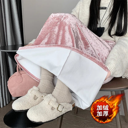 Plush Velvet Midi Skirt - 2025 New High-Waisted A-Line Mermaid Hem Skirt, Fleece-lined, Autumn Winter Thick Velvet Skirt