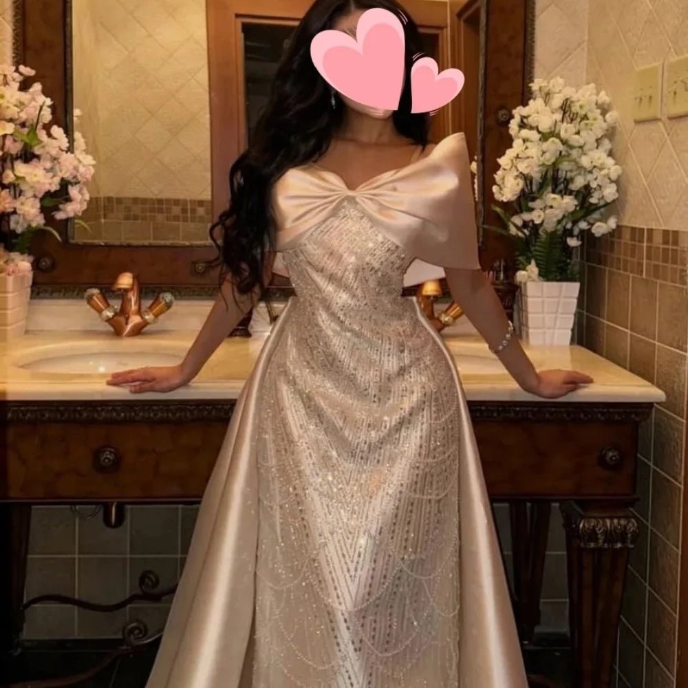 Cathy Rose Rote Schleife Schal aus der Schulter Vestidos de Noche Meerjungfrau Perlen Partykleider bodenlanges maßgeschneidertes Abendkleid.