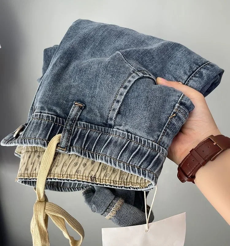 Spring Summer Trendy Men's Jeans Elastic Waist Slimming Harem Pants Smooths Your Silhouette Waist Slim Fit Denim Trousers.