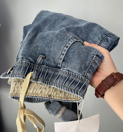 Spring Summer Trendy Men's Jeans Elastic Waist Slimming Harem Pants Smooths Your Silhouette Waist Slim Fit Denim Trousers.