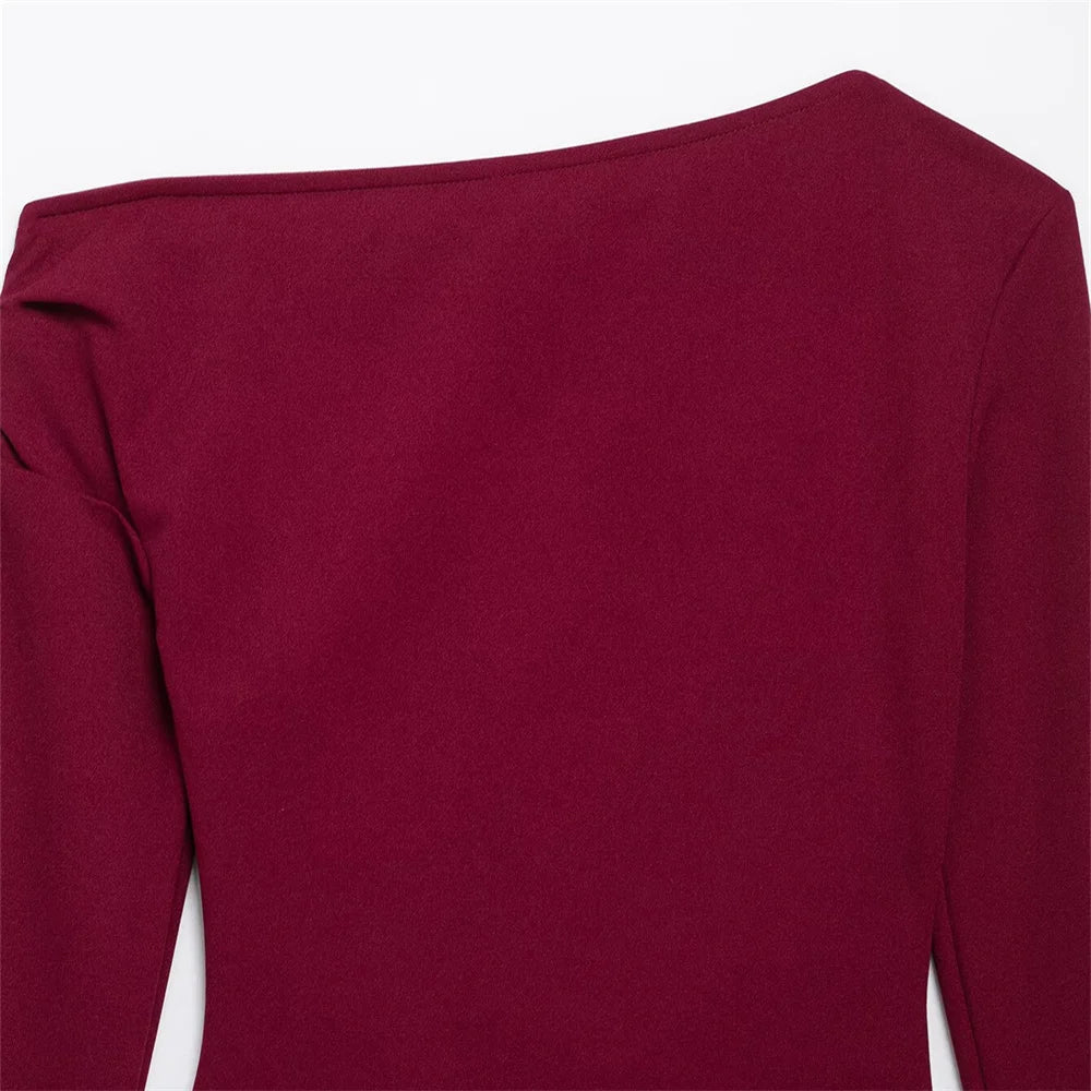 Women's Asymmetric Elastic Top Solid Color Long Sleeve Slant Neck Decoration Spring New Casual Women's Top.