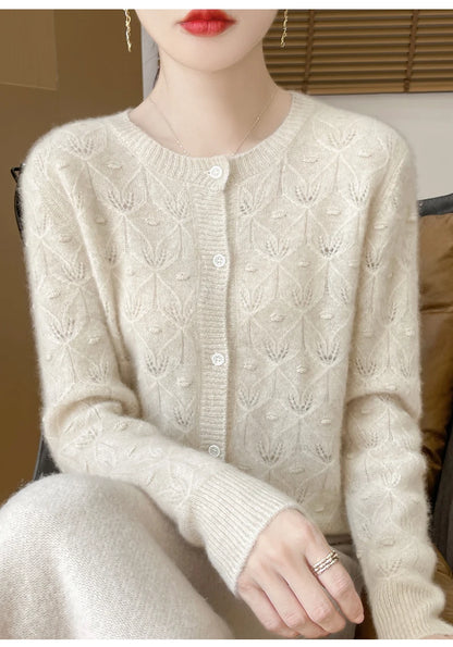 2024 Autumn And Winter New Round Neck Hollowed Out 100 Wool Knitted Cardigan Women's Versatile Coat Loose Casual Sweater DMR281