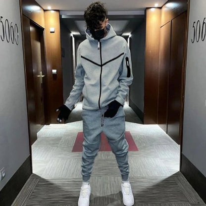 Fashion Solid Color Slim Two Piece Sets Men Fall Winter Casual Long Sleeve Zipper Hooded Sweatshirt And Pants Suits Mens Outfits.