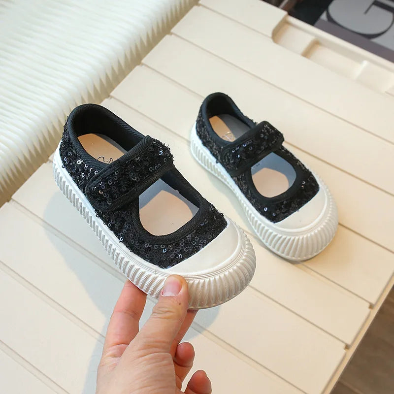New Girl Princess Canvas Shoes Fashion Luxury Sequins Children Causal Shoes Breathable Kids Glitter Mary Jane Shoes Thick Bottom.