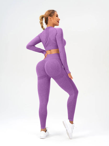 2 pcs/set Long Sleeve Yoga Leggings Set Sportswear Woman Gym Seamless Workout Outfit Yoga Clothes Womens Tracksuit Activewear.