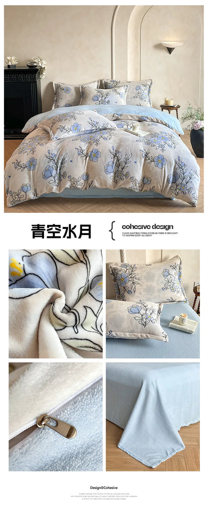 2025 new light luxury style high gram milk fleece 1.5m/1.8m bed four-piece printing warm bed sheet quilt cover