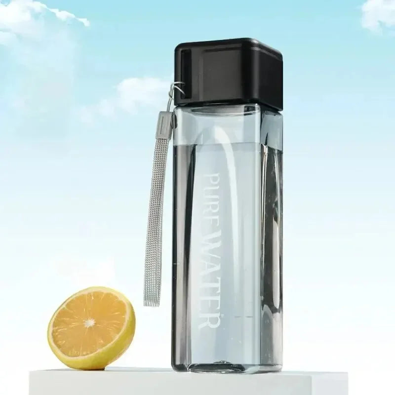 1 Pcs Clear Square Drinking Glass in Mate Plastic Portable Water Bottle with Milk Cable for Outdoor Sports.