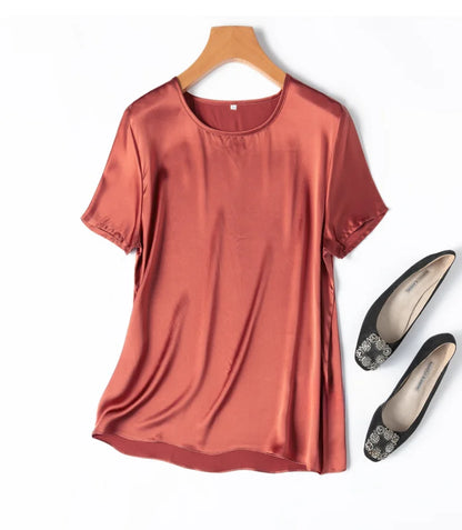 Women 100% Mulberry Silk 19 Momme half sleeve Crew Neck Top Shirt Blouse T-shirt More Colors M L XL MM4270