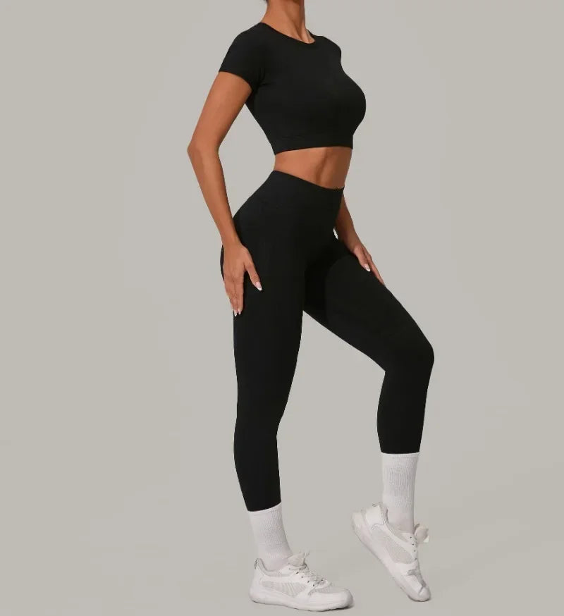 Seamless Yoga Sets Sports Fitness High Waist Hip Lift Tight Breathable Tracksuit Workout Clothing Gym Leggings Suit for Women.