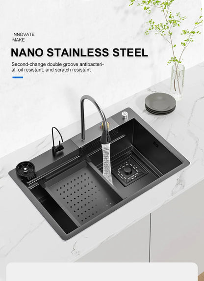 Kitchen Sink Stainless Steel Large Single Slot Multifunctional Tank Wash Basin With Waterfall Faucet Lowe Price
