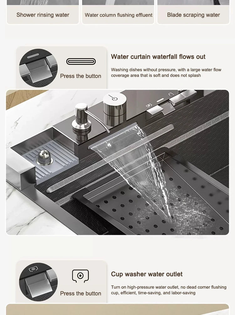 Küchenspüle, Wasserfall-Waschbecken aus Edelstahl, extra großer Einzelschlitz mit Digitalanzeige, Wasserhahn-Set für die Küche