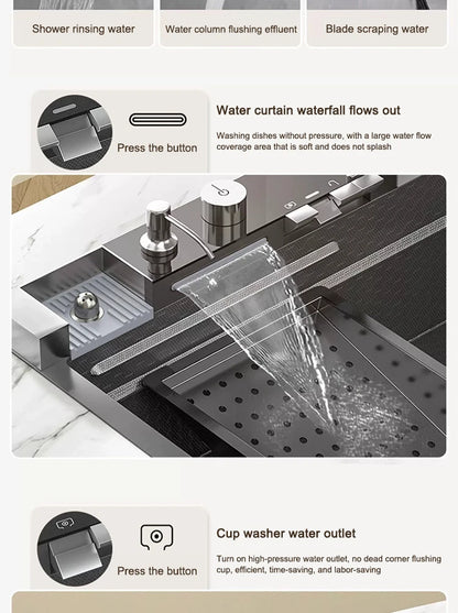 Küchenspüle, Wasserfall-Waschbecken aus Edelstahl, extra großer Einzelschlitz mit Digitalanzeige, Wasserhahn-Set für die Küche