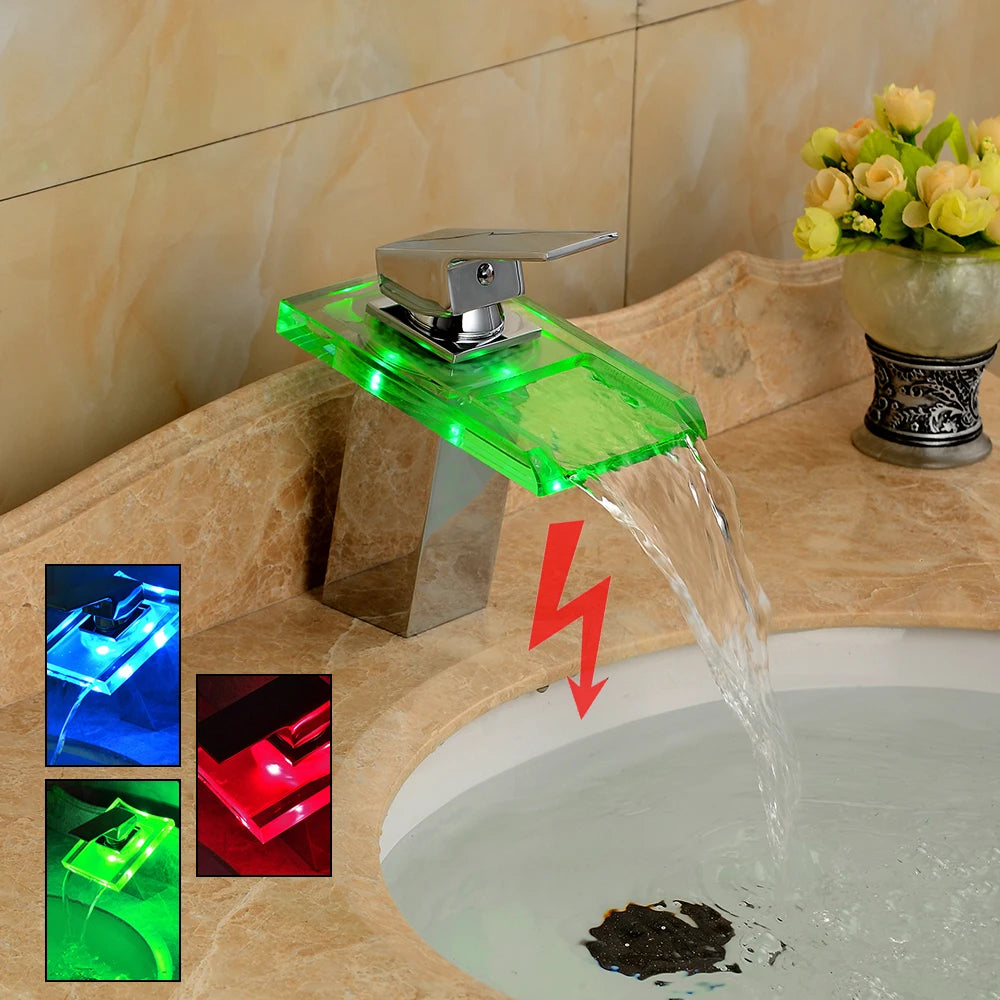Smart Bathroom Faucet with Temp Light, Anti-Scald LED Indicator, Brass Construction, Waterfall LED Faucet, LED Color Changing
