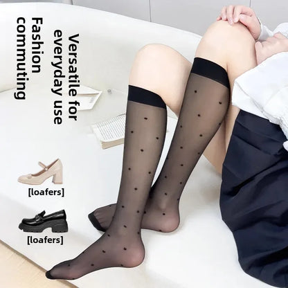 Women's Mid-calf Thin Transparent Stockings Summer Leggings Pure Desire Style Black White Color Half-Transparent Long Tube Socks.
