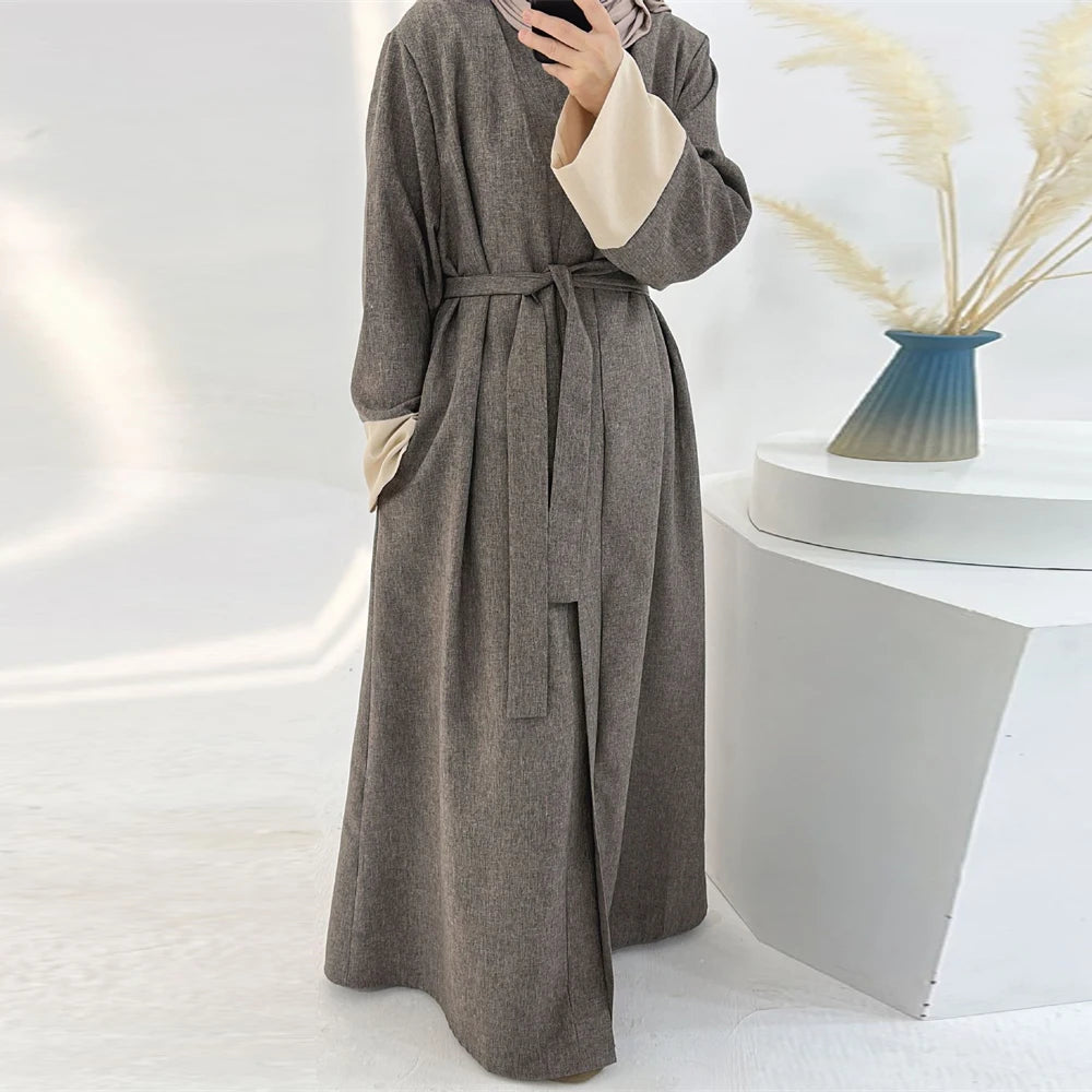 Ramadan Eid Open Linen Abaya Kimono Turkey Islam Muslim Modest Kaftan Dress Prayer Clothes For Women Kebaya Robe Femme Musulmane.