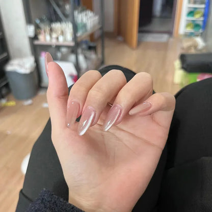 24Pcs Metallic Cat Eye French Sheer Manicure Tip Art Textured 3D Acrylic False Nails Nude Pink Almond Medium Press on Fake Nails