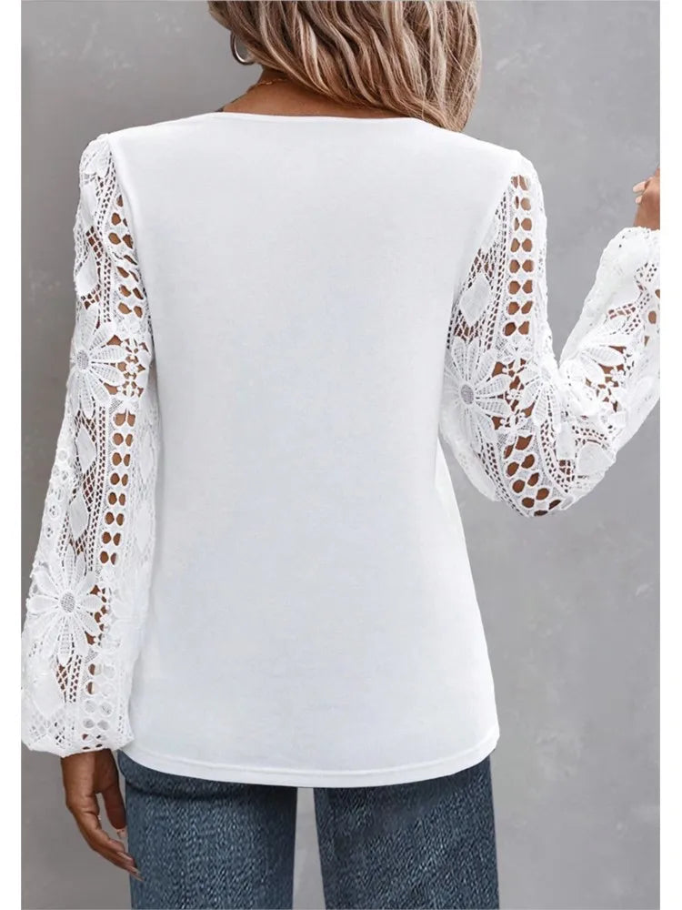 Fashion White Lace Blouse Women 2023 Casual New Arrivals Shirts And Blouses Elegant Female Loose Long Sleeve Tops.