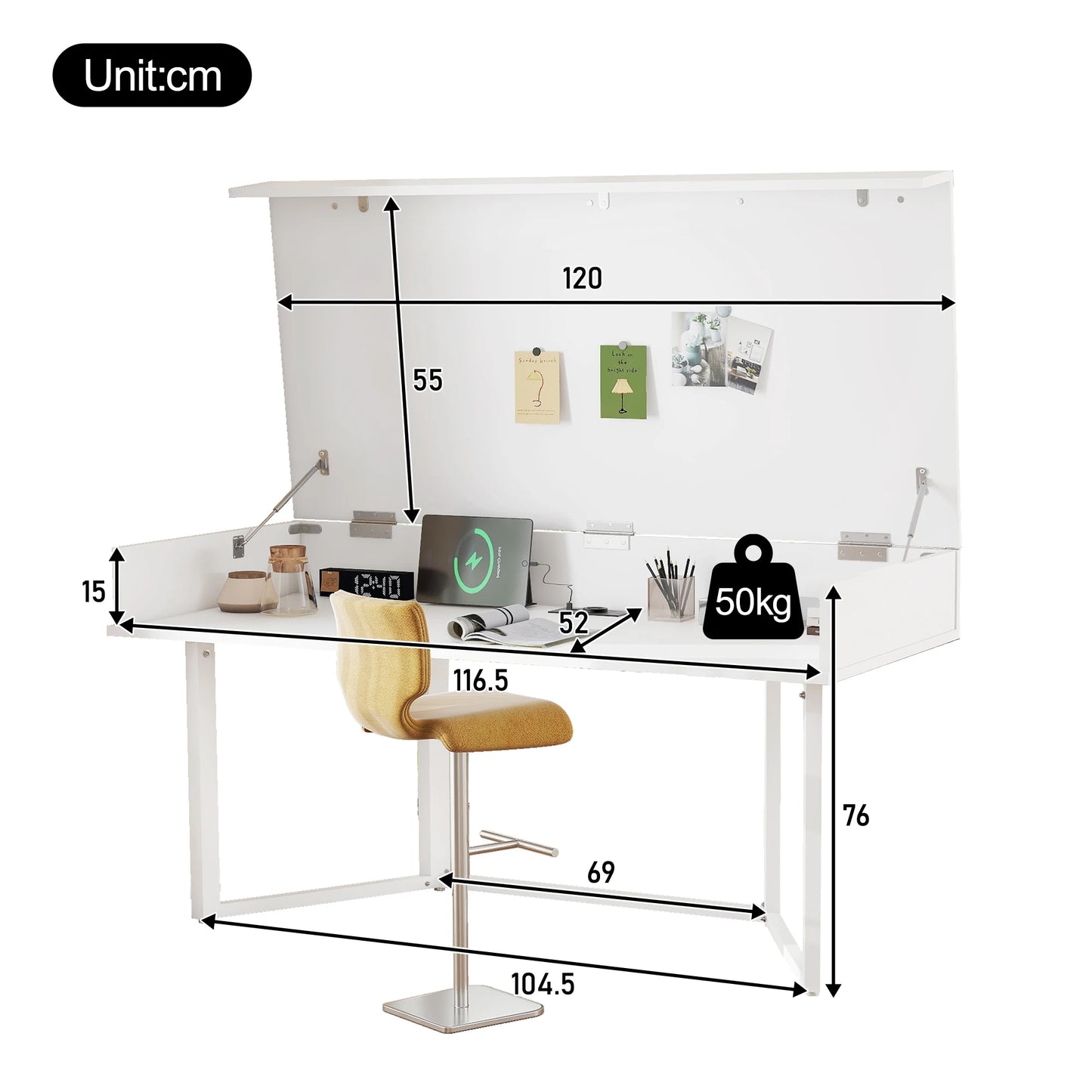 Klappbarer Schreibtisch 120×55cm – Multifunktional, faltbar, mit europäischen Steckdosen, Muschel-Design zum Verstecken des Unordnunges auf dem Schreibtisch – Geeignet