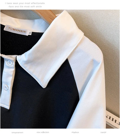170kg plus size Damen büste Frühling Herbst loser Polo kragen kontrastieren des Sweatshirt schwarz lila 4xl 5xl 6xl 7xl 8xl 9xl