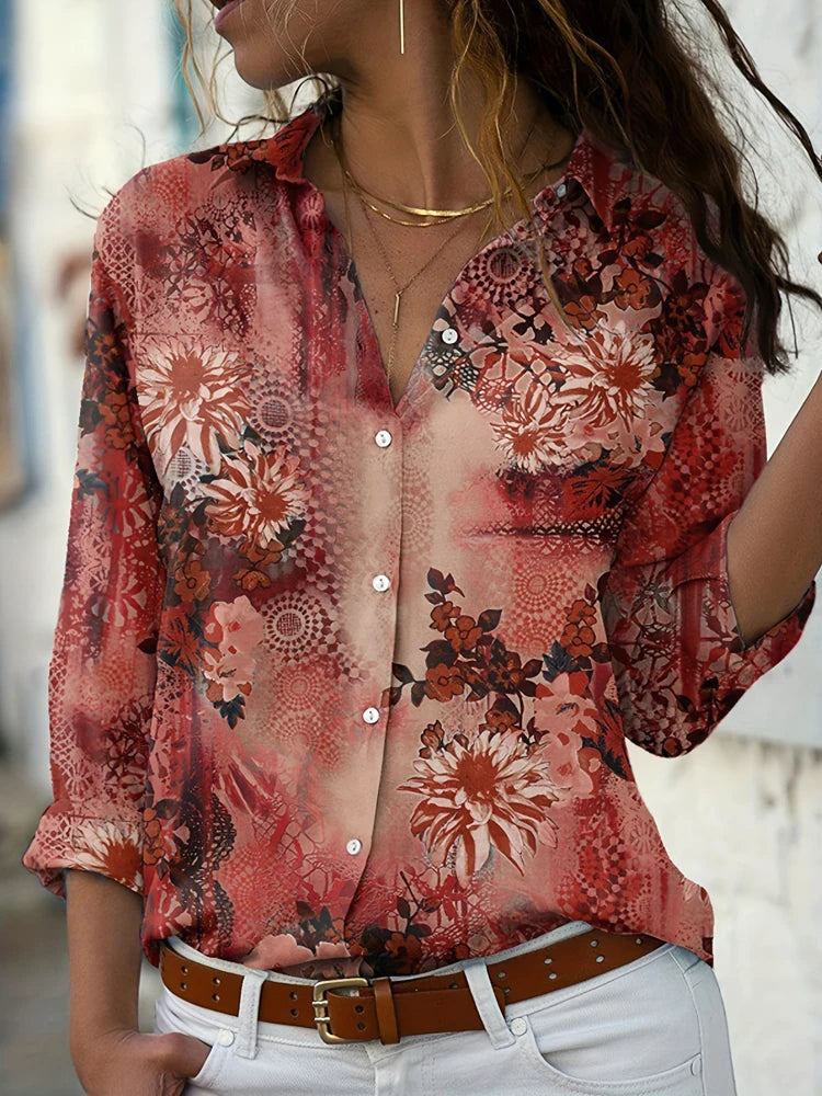 Plus Size 2025 New Fashion Ladies Button Shirt Summer Autumn Long Sleeve T Shirt Tops Business Casual Floral Shirt.