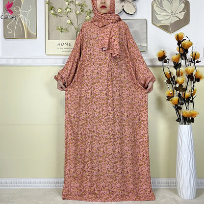 2025 New Muslim Abayas For Women Ramadan Prayer Garment Dubai Middle East Femme Robe Cotton Loose African Dress Turban Attached