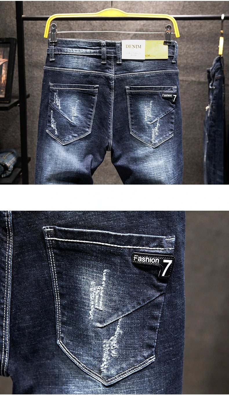 2025 New Ripped Jeans Men Slim-fit Denim Pants Cotton Korean Style Fashion Elasticity Versatile Blue Black Men's Clothing.