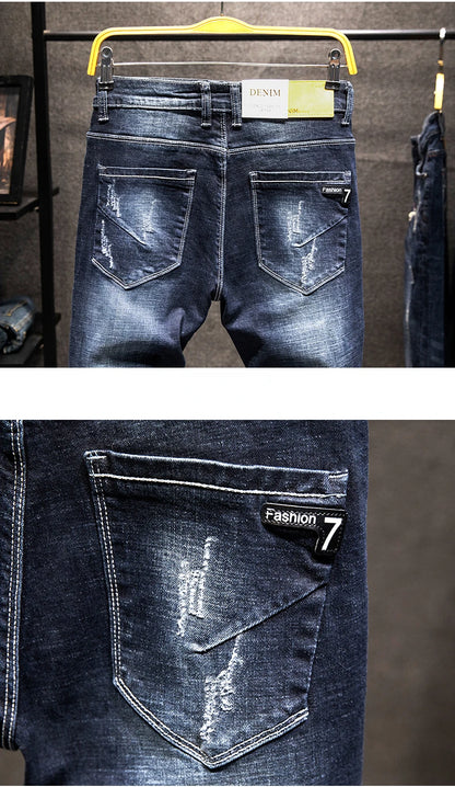 2025 New Ripped Jeans Men Slim-fit Denim Pants Cotton Korean Style Fashion Elasticity Versatile Blue Black Men's Clothing.