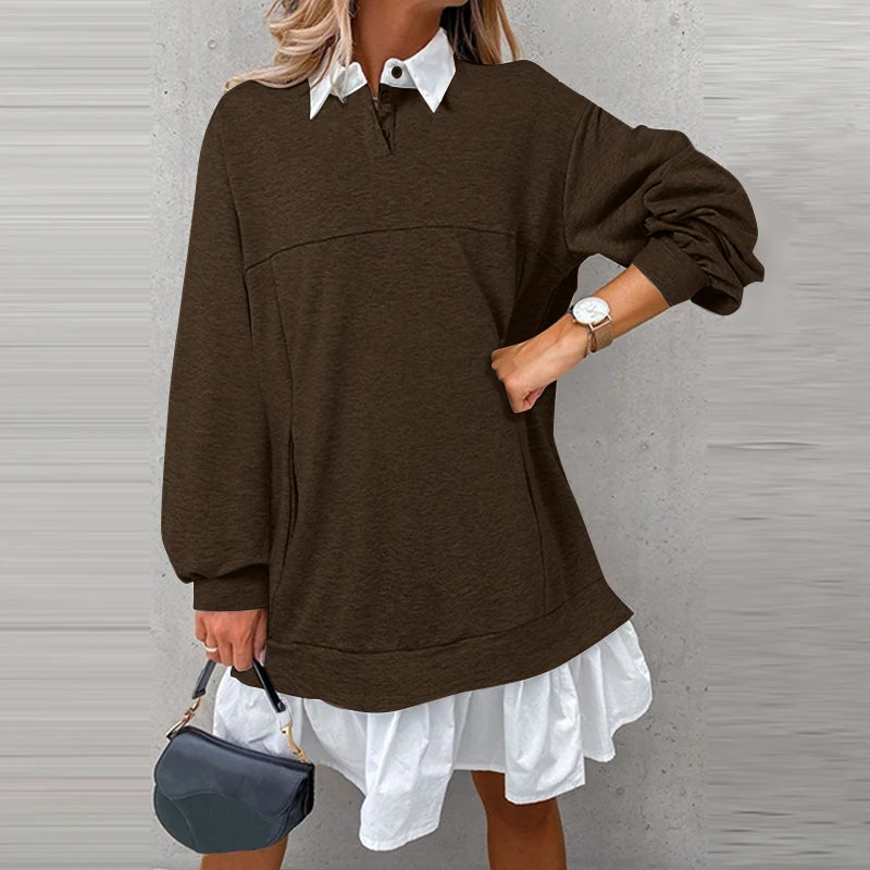 Plus Größe 5XL VONDA Frauen Hoodies Sweatshirts Mode Patchwork Kausalen Revers Kragen Gefälschte Zwei Stück Sweatshirts Lose Lange Jumper.