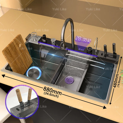 Stainless Steel Waterfall Kitchen Sink Extra Large Single Slot Multifunctional Sinks Digital Display Dishwashing Basin