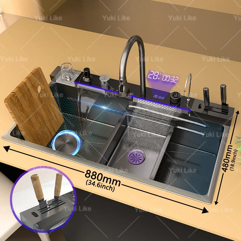 100 x 50 cm Edelstahl-Wasserfall-Küchenspüle, extra große Einzelschlitz-Digitalanzeige, multifunktionale Geschirrspülbecken