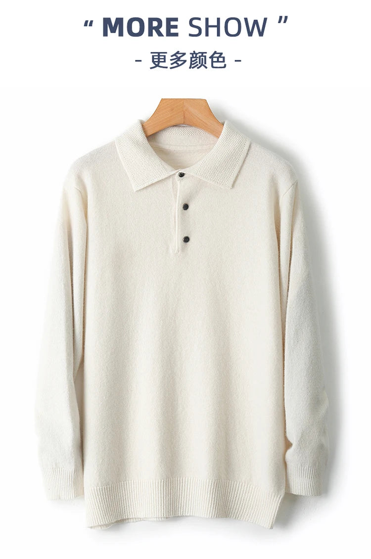 LHZSYY 100%Merino Wool Hot Cardigans Men Lapel Pullover Long Sleeve POLO Neck Sweaters Loose Tops Knit Clothing Large Size Shirt.