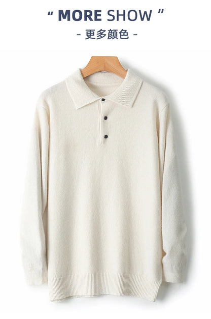 LHZSYY 100%Merino Wool Hot Cardigans Men Lapel Pullover Long Sleeve POLO Neck Sweaters Loose Tops Knit Clothing Large Size Shirt.