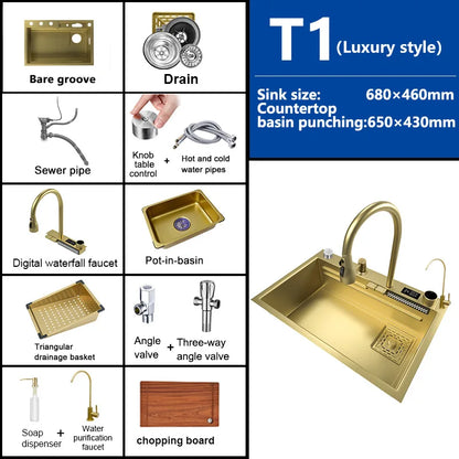 Waterfall Sink Kitchen Stainless Steel Topmount Sink Large Single Slot Wash Basin With Multifunction Touch Waterfall Faucet