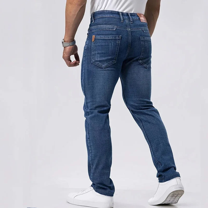 Spring Autumn Business Men Jeans Casual Straight Stretch Fashion Classic Black Sky Blue Grey Work Denim Trousers Brand Clothing.