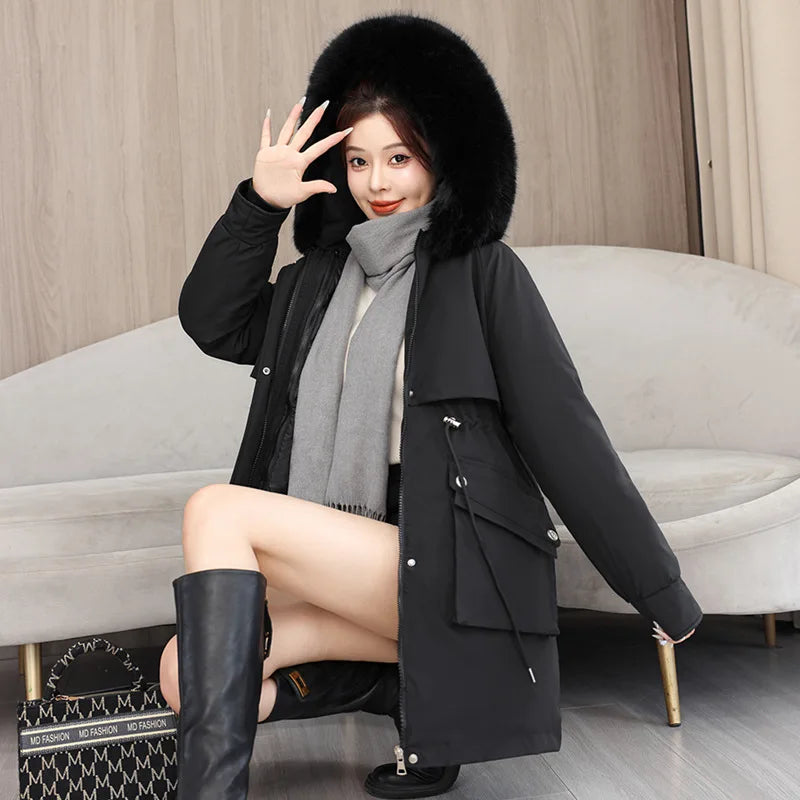 Winter dame Winter Stepp Mantel Abnehmbare Futter Pelz Kragen Gürtel Parka Jacke Für Frauen Verdickt Thermische frauen Mantel