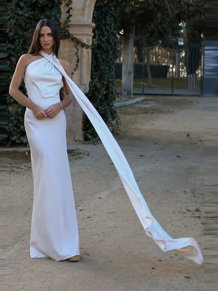 Band hängenden Hals lange Kleider schräg Schulter schnüren rücken frei seidig Satin Temperament Slim Fit Neck holder Frau Fischschwanz Kleid.