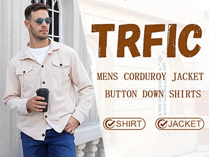 Men's Corduroy Jacket Stand-up Collar Slim Fit Retro Multi-pocket Workwear Commuter Coat for Spring And Autumn.