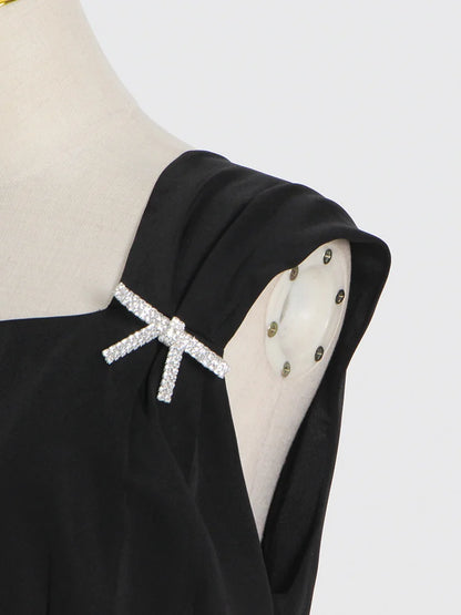 TWOTWINSTYLE Elegante Schwarz Kleid Für Frauen Quadrat Kragen Ärmellose Hohe Taille Solide Patchwork Bowknot Midi Kleider Weiblichen Stil