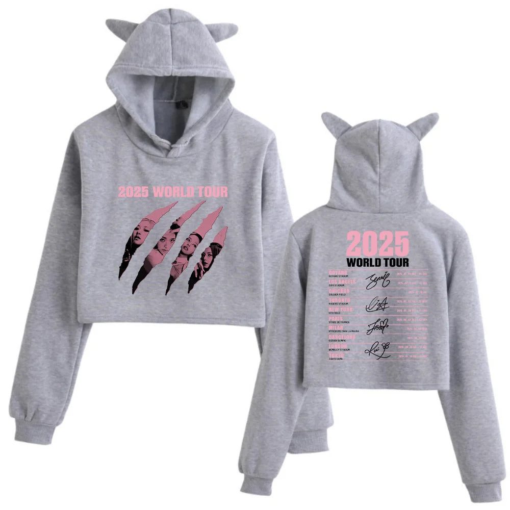 2025 Black World Tour Merch Cat Ears 2 Sided Long Sleeve Crop Tops Girls Fashion Hoodie.