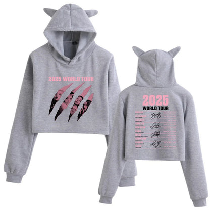 2025 Black World Tour Merch Cat Ears 2 Sided Long Sleeve Crop Tops Girls Fashion Hoodie.