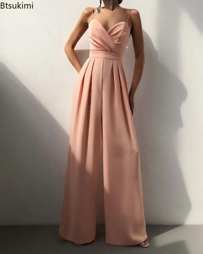 2025 Spring Summer Chiffon Elegant Jumpsuits Women Spaghetti Strap High Waist Wide Leg Jumpsuits Overalls Solid Womens Jumpsuit.