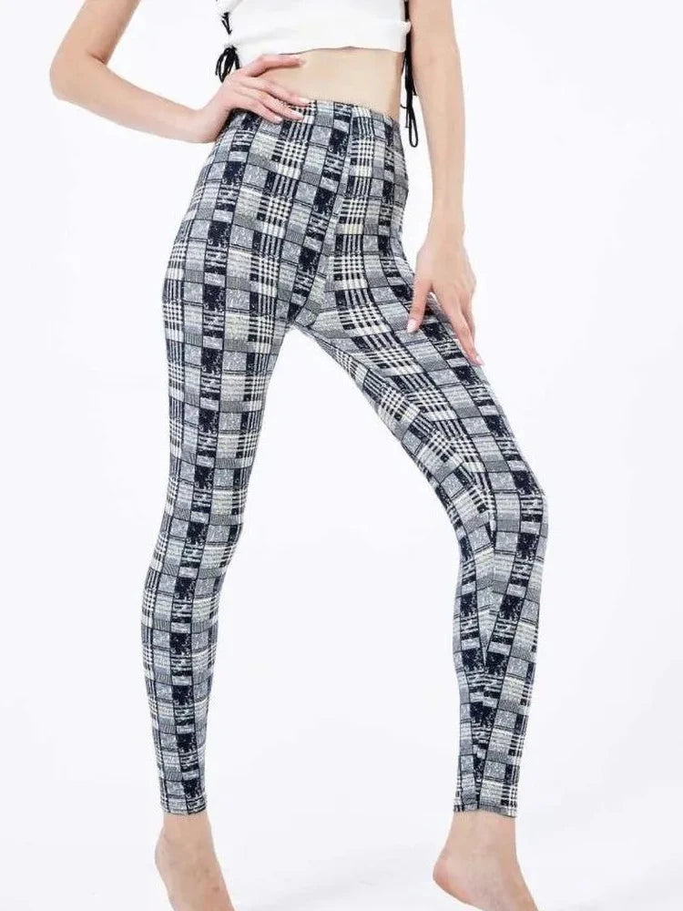 CUHAKCI Mode Plaid Druck Leggings Frauen Sexy Fitness Leggins Grid Floral Streifen Hosen Hohe Taille Bleistift Hosen
