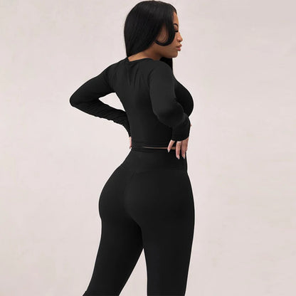 Hugcitar Pure Color Long Sleeve Crop T-Shirt Legging 2 Piece Matching Sets 2024 Spring Women Fashion Streetwear Sports Tracksuit
