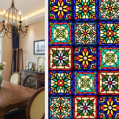 Colorful Retro Flower Bird Window Film PVC Electrostatic Glass Stickers Stained Window Films Static Cling Frosted Glass Film