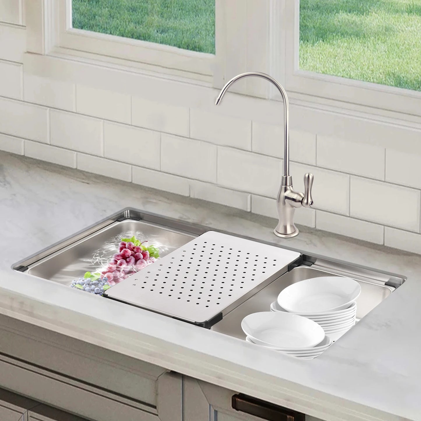 Küchenspüle aus Edelstahl, 8,66 Zoll tief, Abtropfkorb, Innenbecken, Unterbau- oder Überbau-Design