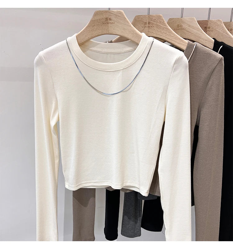 Women Trendy Chain Link Autumn Fashion Slim Fit Cropped T-shirts 2025 Long Sleeve T-shirt Solid Simple Base Layer Crop Tops.