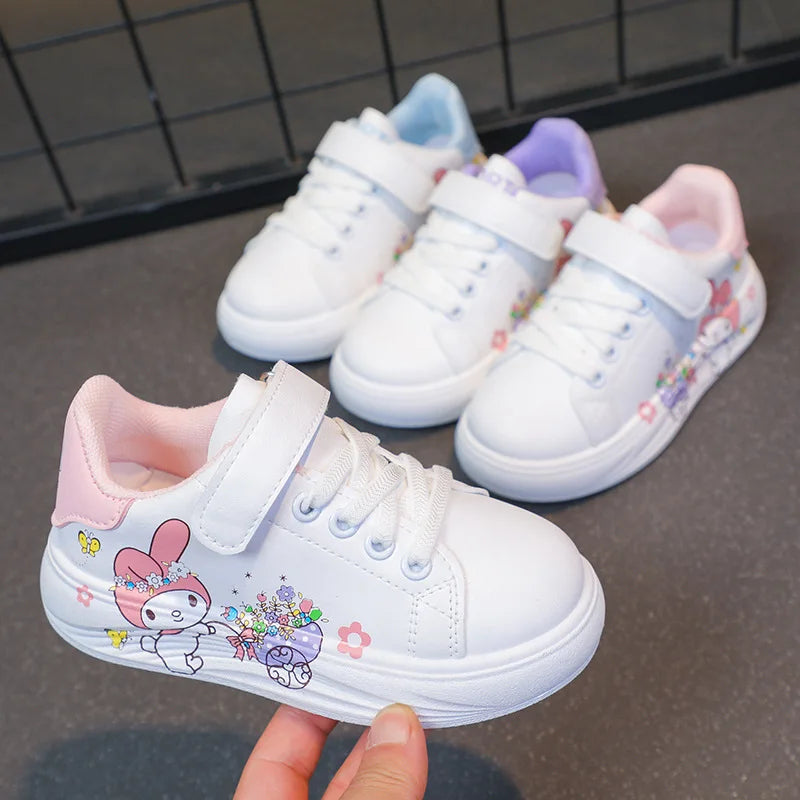 Baby Girls White Shoes Kids Casual Sneakers Cartoon Soft Breathable Fashion Children White PU Leather Shoes Size 26-37.