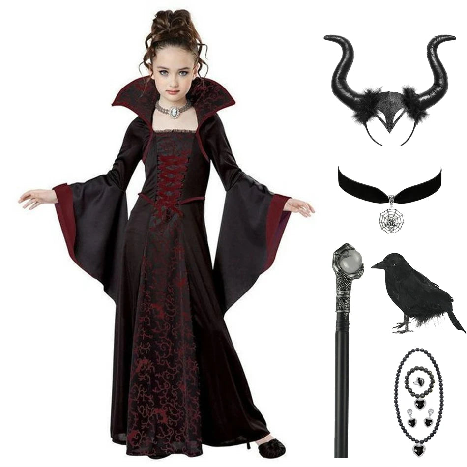 Halloween Hexen kostüm für Mädchen Kinder lange ausgestellte Ärmel Spitze Kleid bösartige Cosplay Kleidung beängstigende Verkleidung Kleidung.