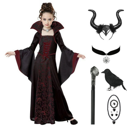 Halloween Hexen kostüm für Mädchen Kinder lange ausgestellte Ärmel Spitze Kleid bösartige Cosplay Kleidung beängstigende Verkleidung Kleidung.