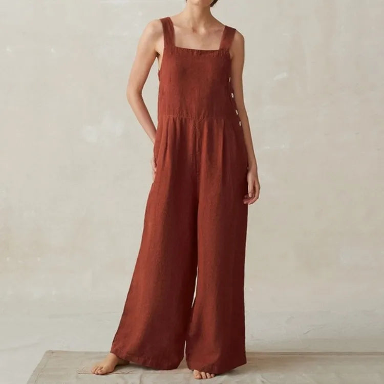 Women Cotton Linen Wide Leg Overalls Summer Fashion Off The Shoulder Sleeveless Solid Color Pocket Jumpsuits JYFS-8929.